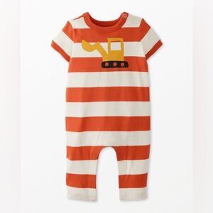Hanna Andersson Orange and White‎ Excavator Baby Romper, Size 3-6 mo.